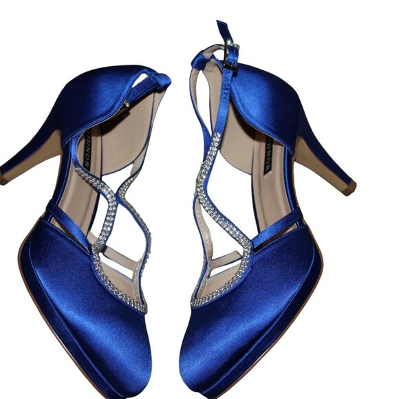 ERIJUNOR Comfort Low Heel Closed-Toe Ankle Strap Blue Satin Rhinestones 8, NIB - Picture 2 of 14